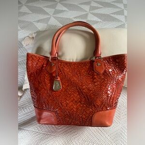 Cole Haan Orange Medium Genevieve Optic Woven Leather Tote Handbag